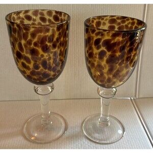 2 tortoise shell leopard glass wine/water goblets. Hand blown 14 oz. 8.25" tall